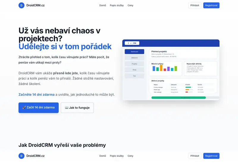 Homepage webu droidcrm.cz
